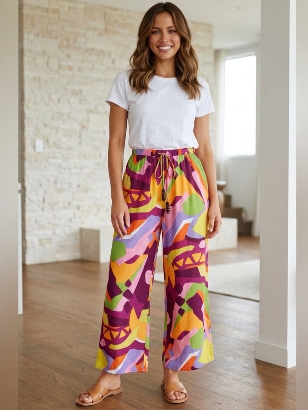 True Destinations Multicolor resort beach wide leg pants with slits size small